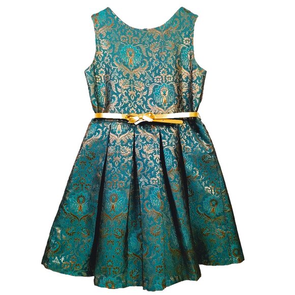 Floral Jacquard Holiday Dress in Green Girls 10 - Picture 2 of 16